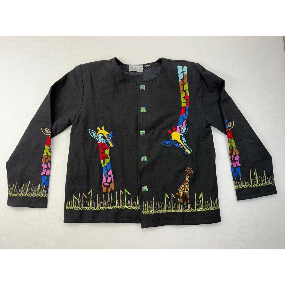 Puffin Island Womens L Blazer Jacket Giraffe Embroidered Black Fancy Buttons
